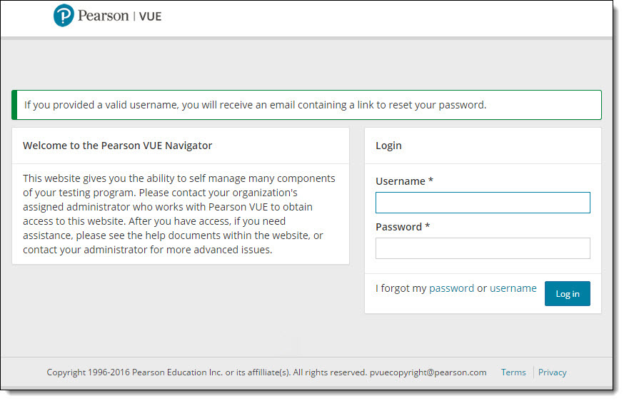 Navigator login page. If you provided a valid username, you will receive an email containing a link to reset your password message.